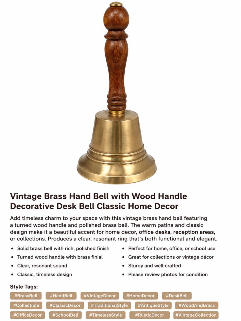Vintage Brass Hand Bell with Wooden Handle Classic Decorative Desk Bell - Picture 6 of 6